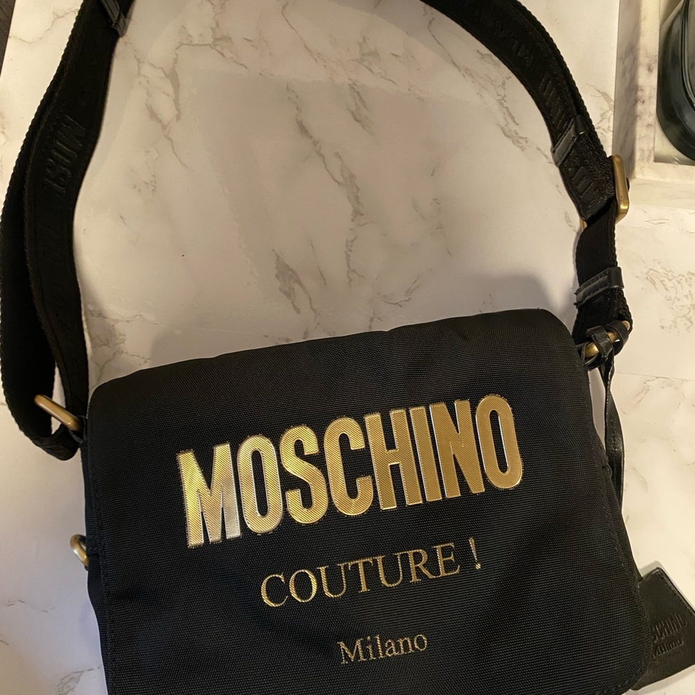 Moschino Couture! Milano Black Crossbody Bag with Gold Logo